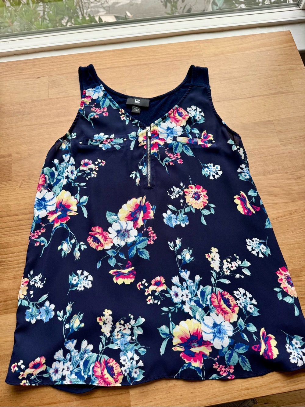 Iz Byer Navy Floral Zip-Front Tank